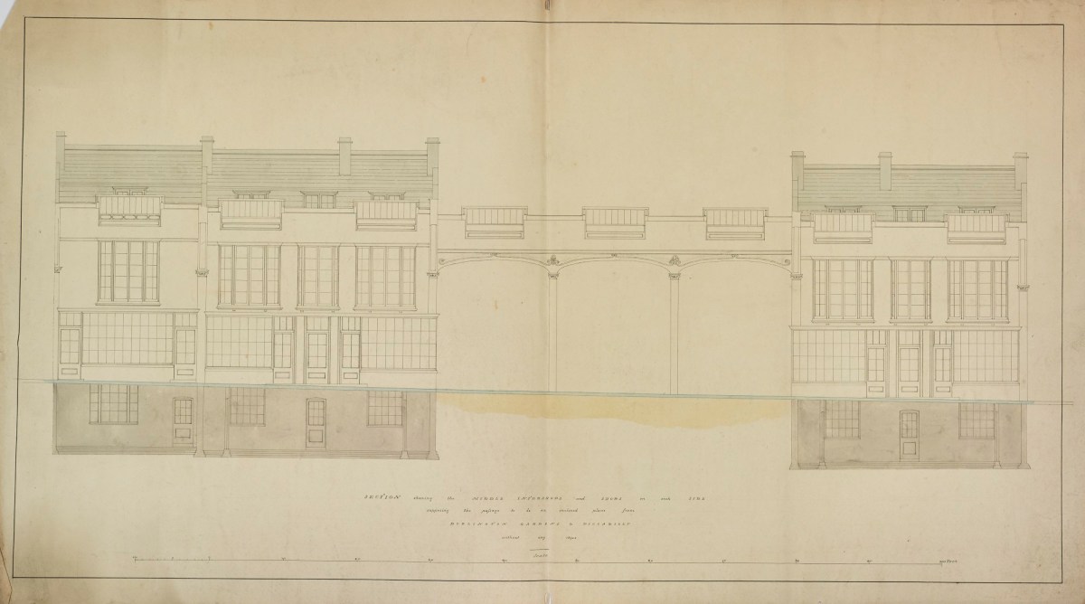 Samuel Ware, Design, unexecuted, for Burlington Arcade, Piccadilly, Westminster, London: section