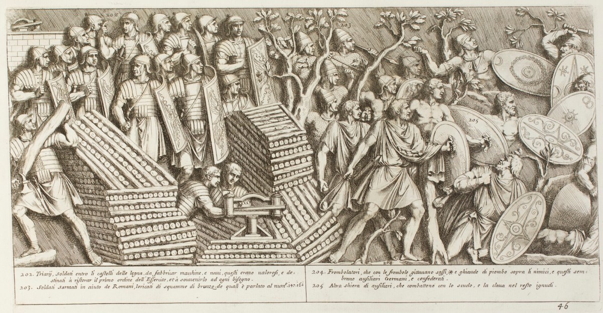 Pietro Santi Bartoli, Plate 46: Roman and Sarmatian soldiers fighting the Dacians