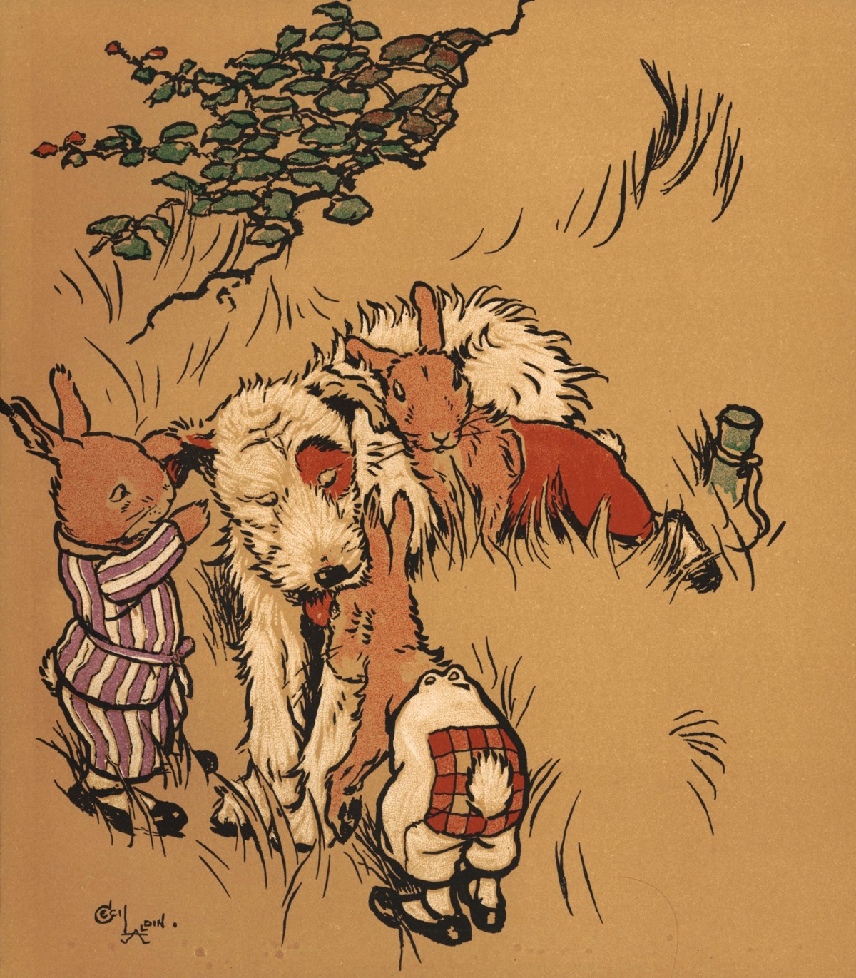 Cecil Aldin, 'The young rabbits all seemed delighted to see him'