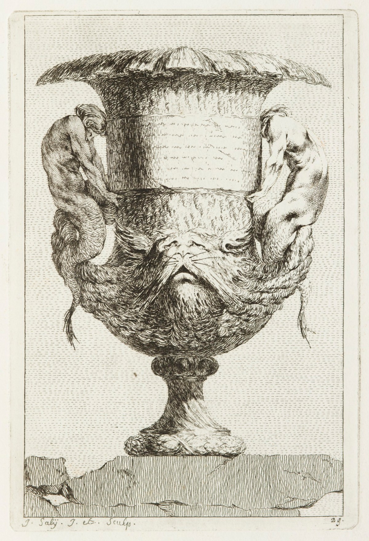 Jacques-François-Joseph Saly, Vase decorated with two triton figures and inscribed band.