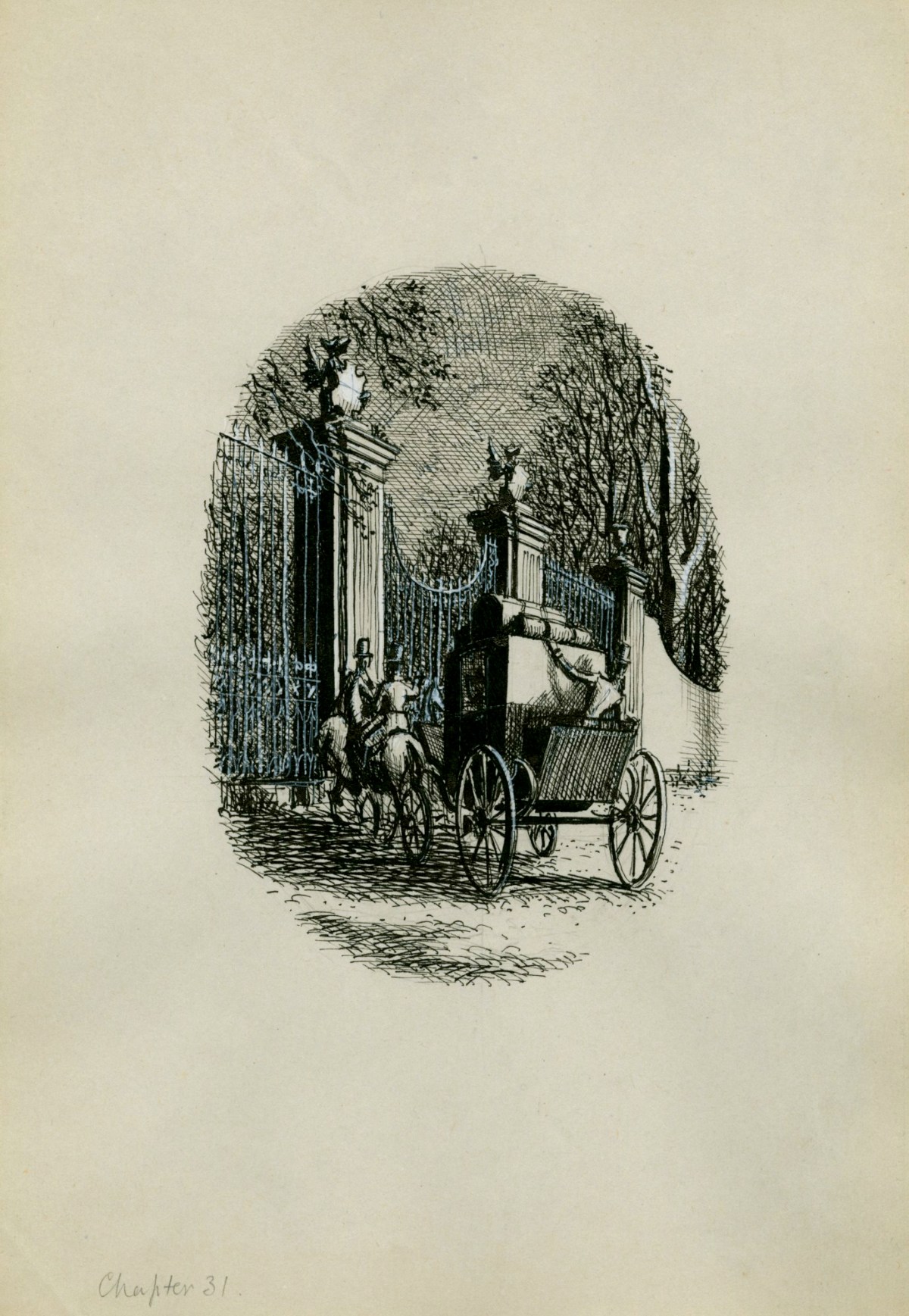 Charles W. Stewart, 'The florid tracery of the iron gate showing like the draperies of white robes', illustration for Chapter 31 of Uncle Silas