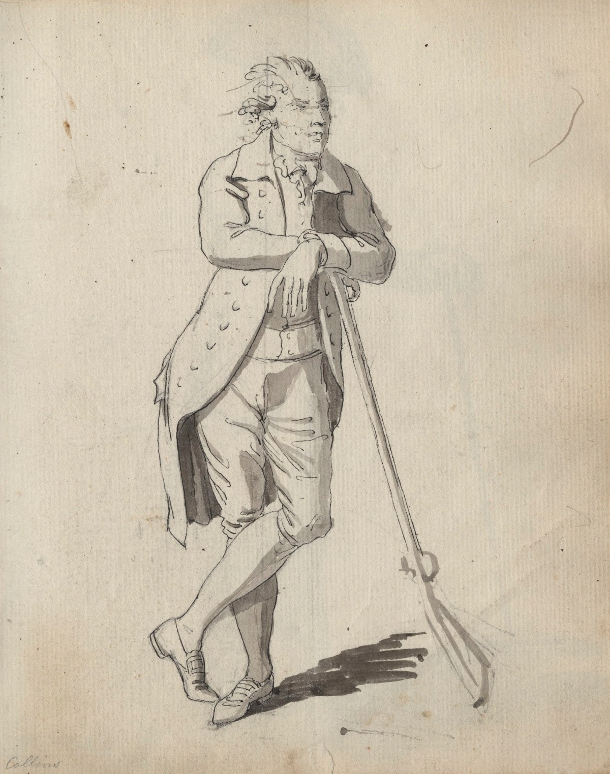 Unknown artist, Leaf from a sketchbook with a drawing of a man leaning on a rifle