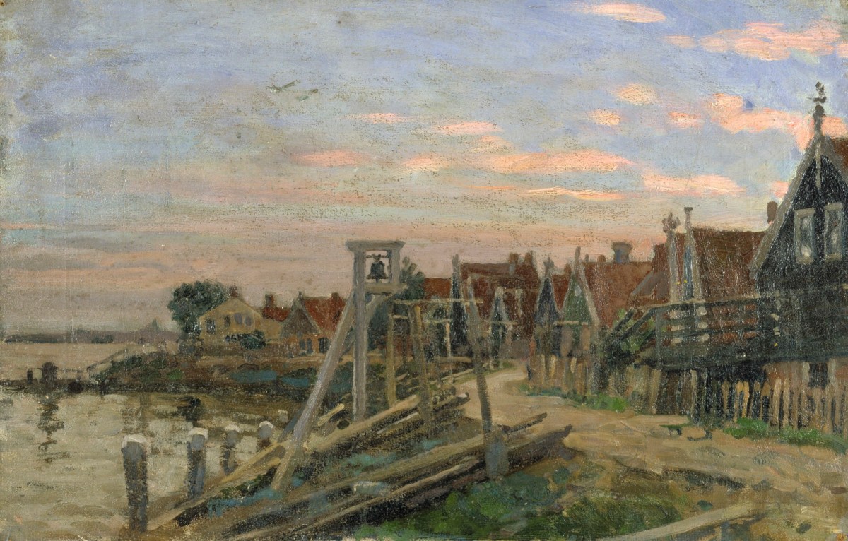 Sir George Clausen RA, Study of wooden houses on a beach at sunset (Holland)