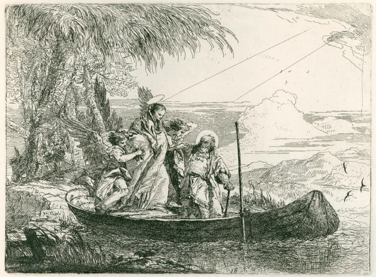 Giandomenico Tiepolo, The Flight into Egypt: The Holy Family entering the boat with the help of the Angels