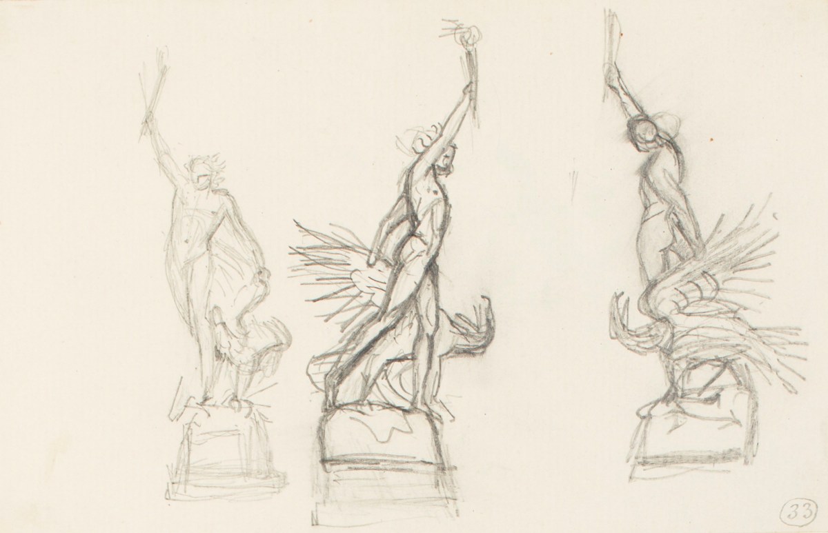Henry Hugh Armstead RA, Three sketches of a male figure and an eagle for a silver centrepiece designed by Armstead for presentation to the Royal Academy