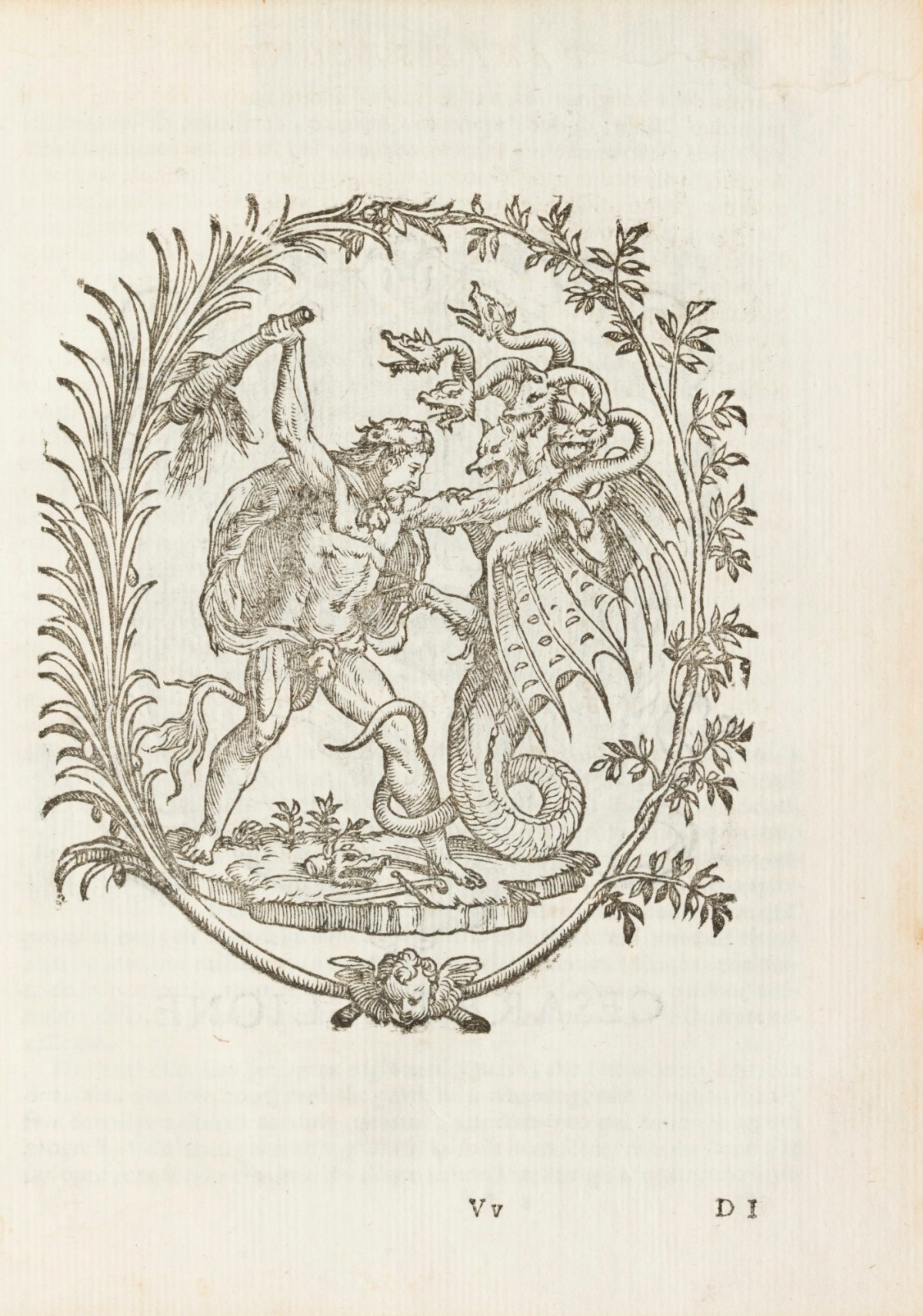 Unsigned, Vignette of Hercules and the Hydra with wreath border.