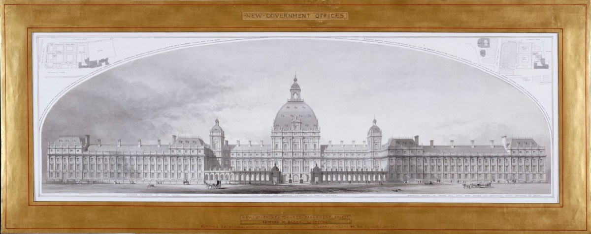 E.M. Barry RA, Design for Government Offices, Whitehall, Westminster, London: perspective with two block plans inset