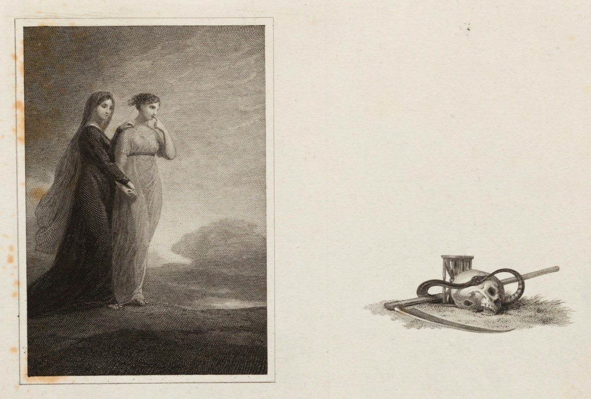 Henry Howard RA, Mourning scene with two women walking in a landscape and memento mori group