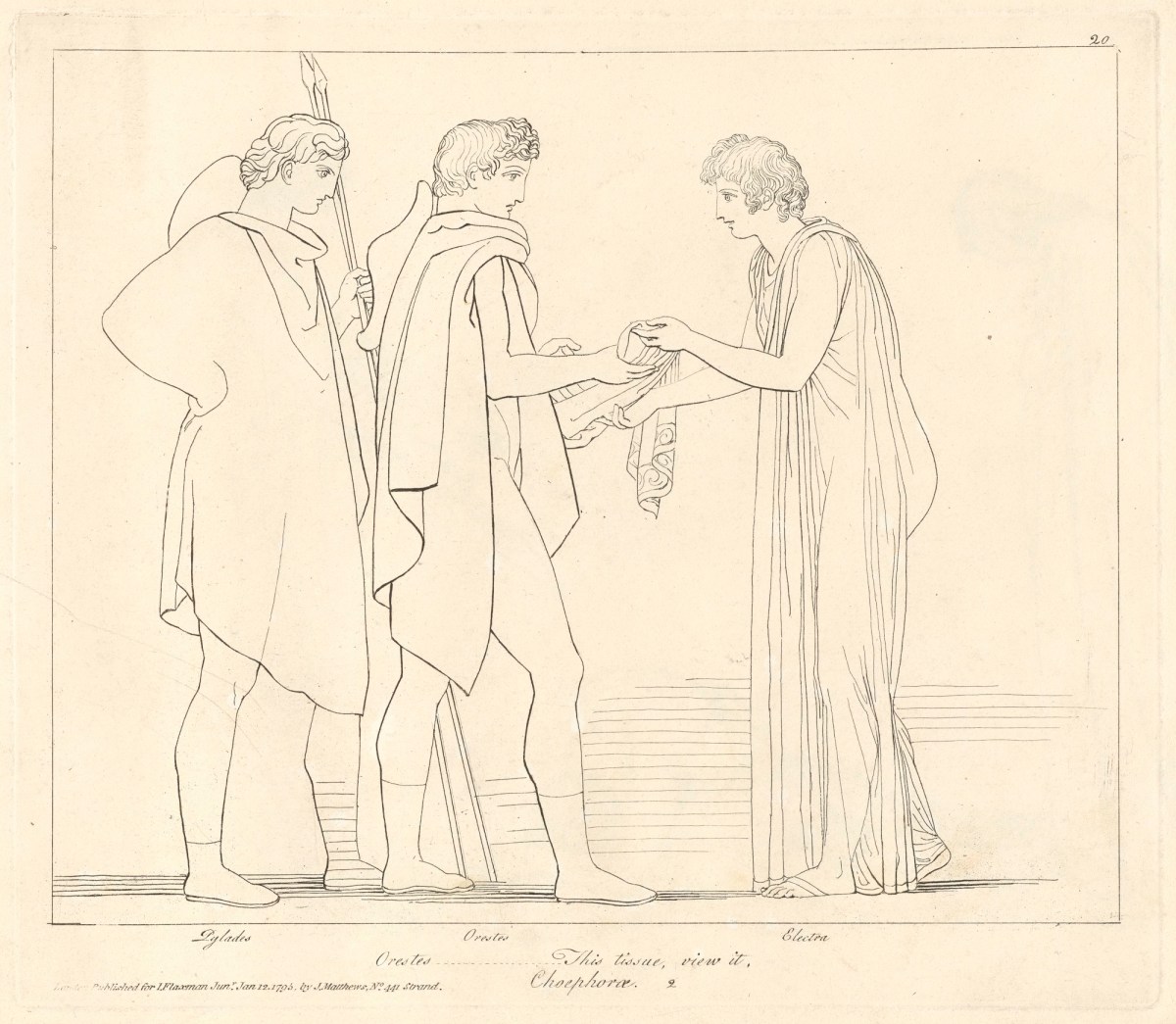 John Flaxman RA, Orestes Showing Embroidery to Electra (from Choephorae)