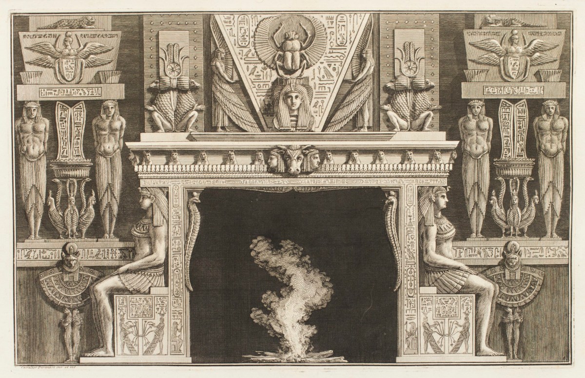 Giovanni Battista Piranesi, Design for a chimneypiece with Egyptian theme, featuring a scarab beetle above the mantlepiece and seated figures at each jamb