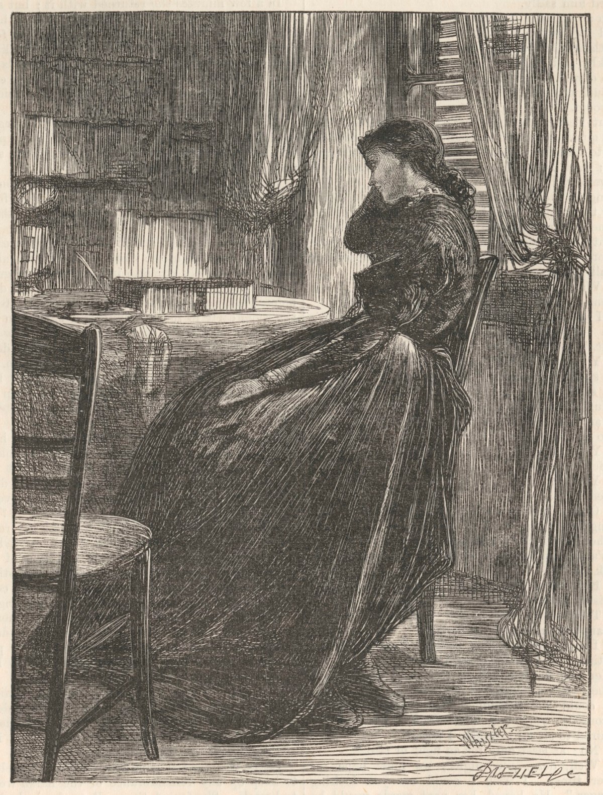 James Abbott McNeill Whistler, Illustration to The Trial Sermon (2). / Wood engraving by Dalziel after a design by Whistler. Published in Good Words 1862.