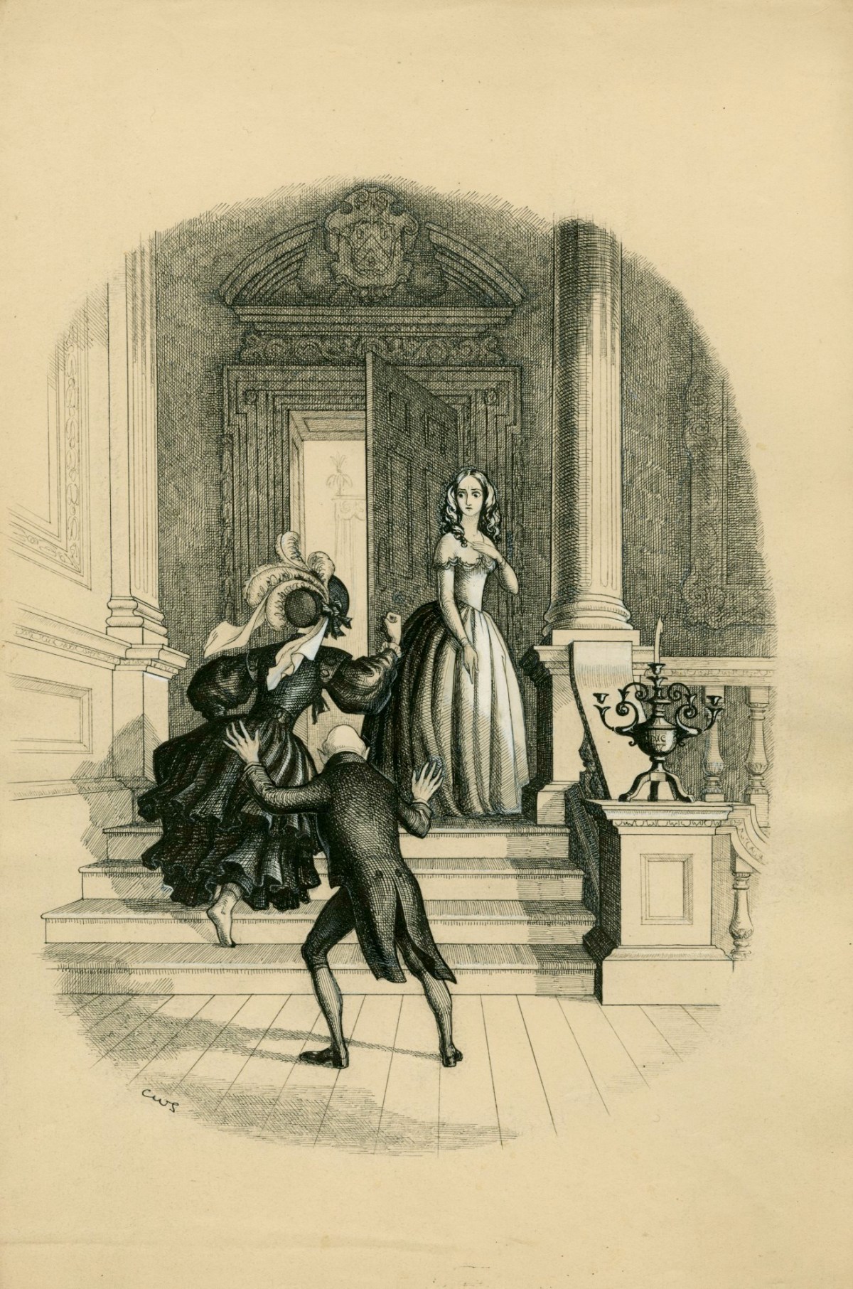 Charles W. Stewart, 'A pink and white young lady... was flouncing up the last stair', illustration for chapter 51 of Uncle Silas