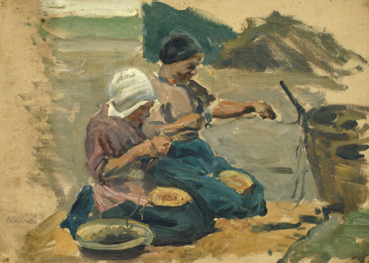 Sir George Clausen RA, Study of two women engaged in a shoreline activity (Volendam)