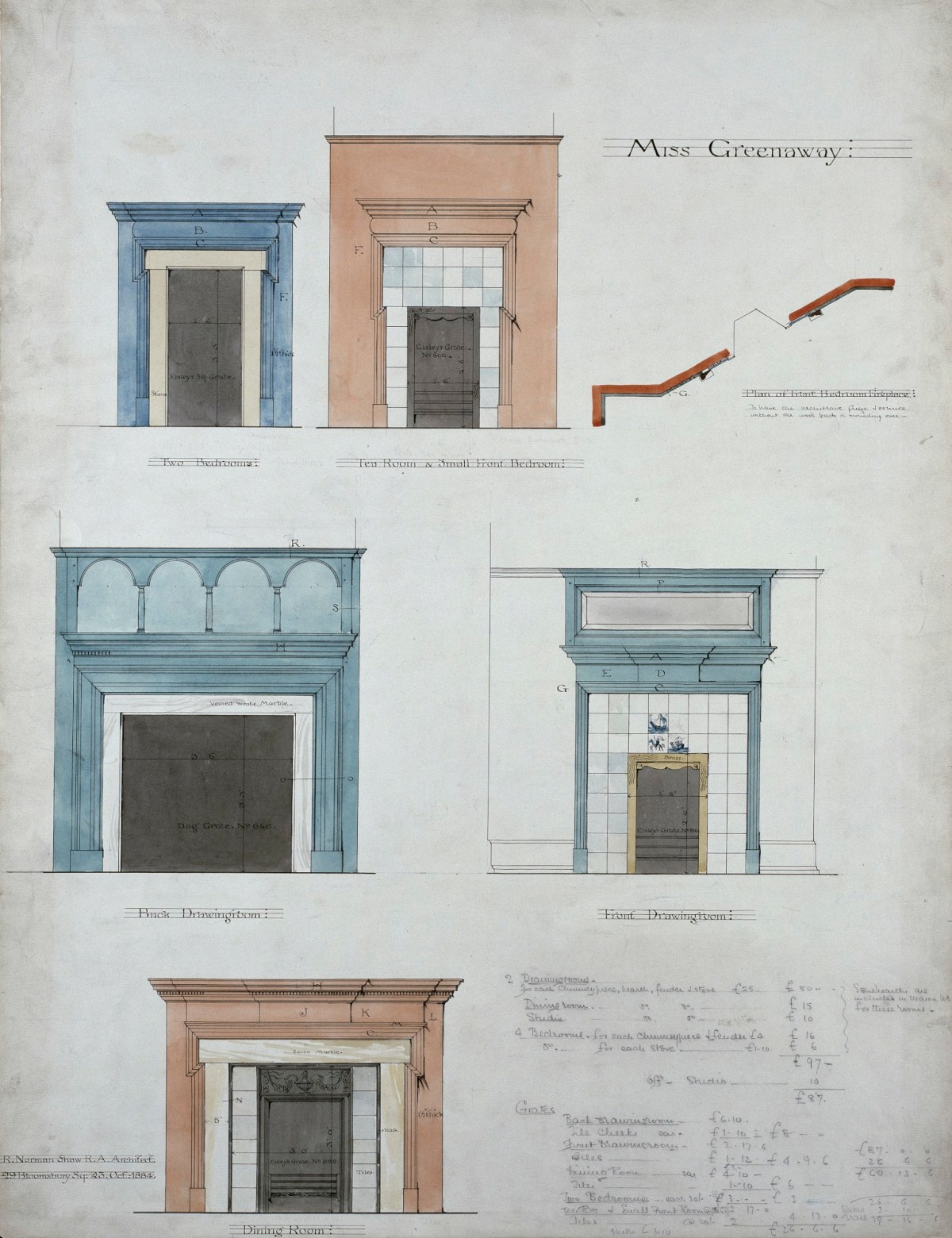 Richard Norman Shaw RA, Design for 39 Frognal, Hampstead, London NW3: elevations of five fire-places and one plan