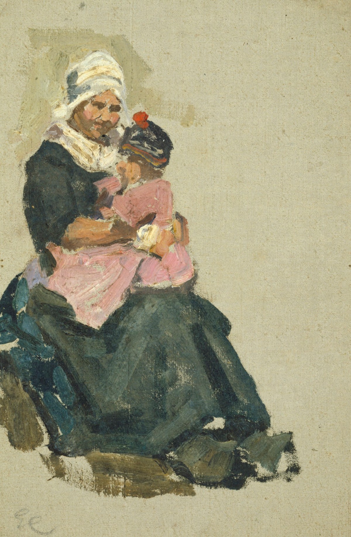 Sir George Clausen RA, Sketch of a seated Dutch woman holding a child on her knee (Volendam)