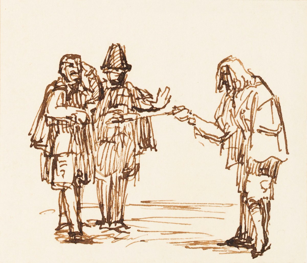 William Mulready RA, Three male figures in 17th century dress - possibly a scene from Walter Scott's Peveril of the Peak