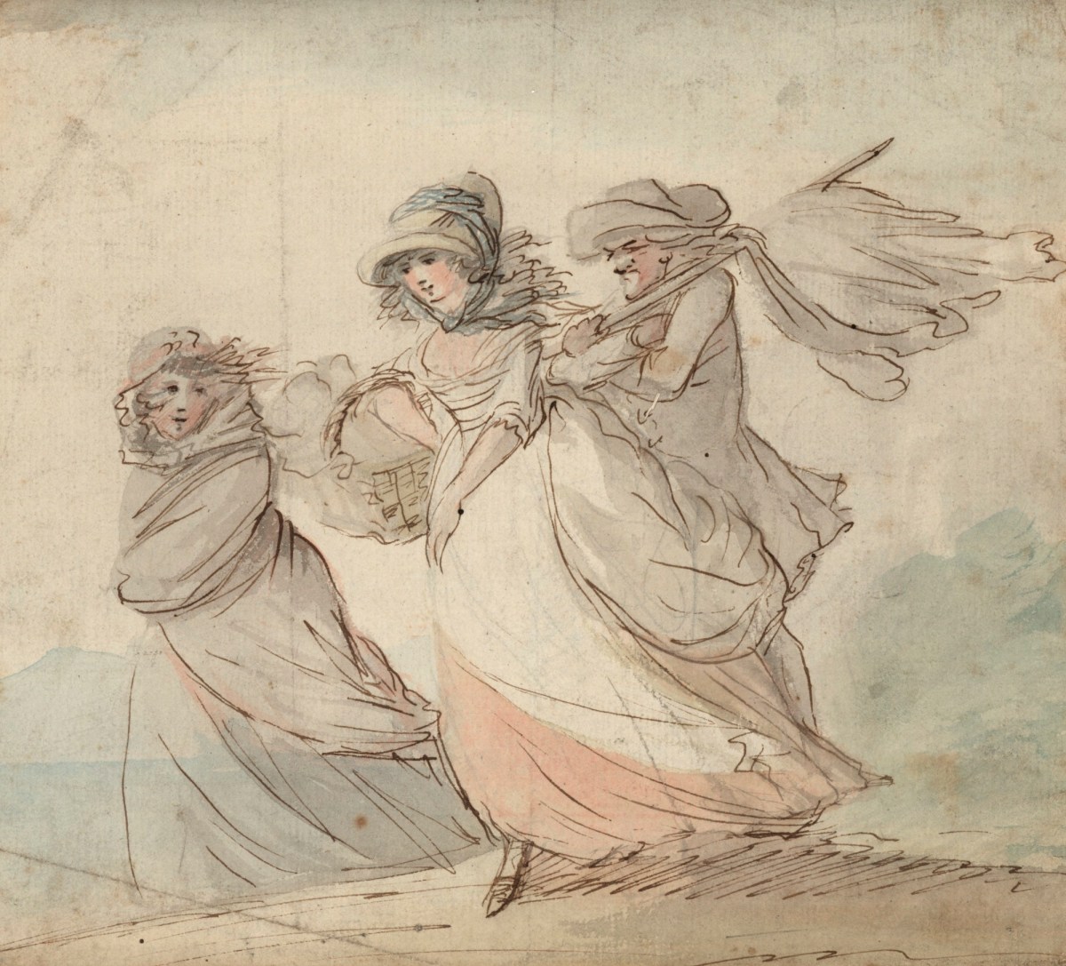 Henry William Bunbury, Two women and a man walking in a breeze