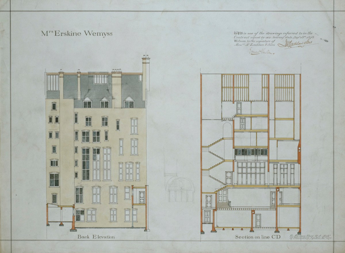 Richard Norman Shaw RA, Design for Clock House, No.8 Chelsea Embankment, London SW3: contract drawing of rear elevation and section