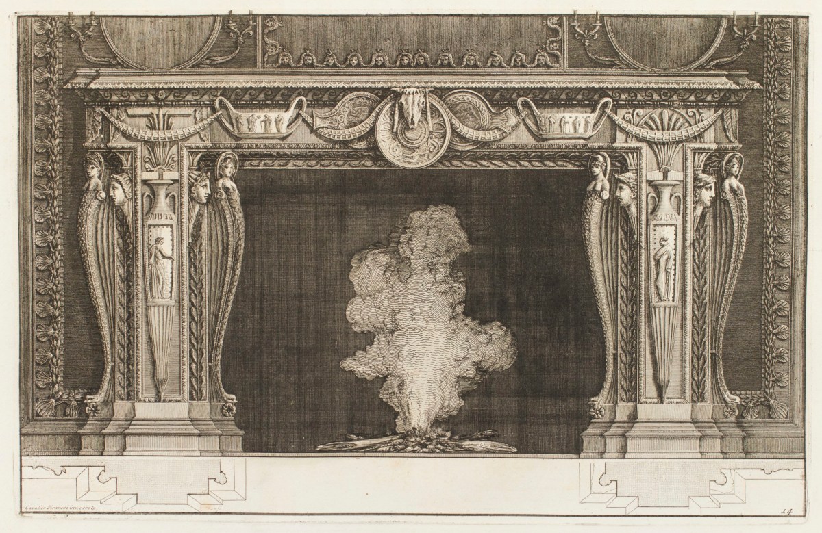 Giovanni Battista Piranesi, Design for a chimneypiece with animal skull at centre and vase-motif on each jamb