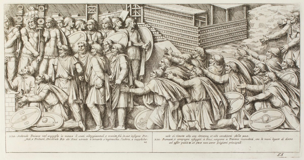 Pietro Santi Bartoli, Plate 55: Decebalus and the Dacians kneeling before Emperor Trajan askign for clemence