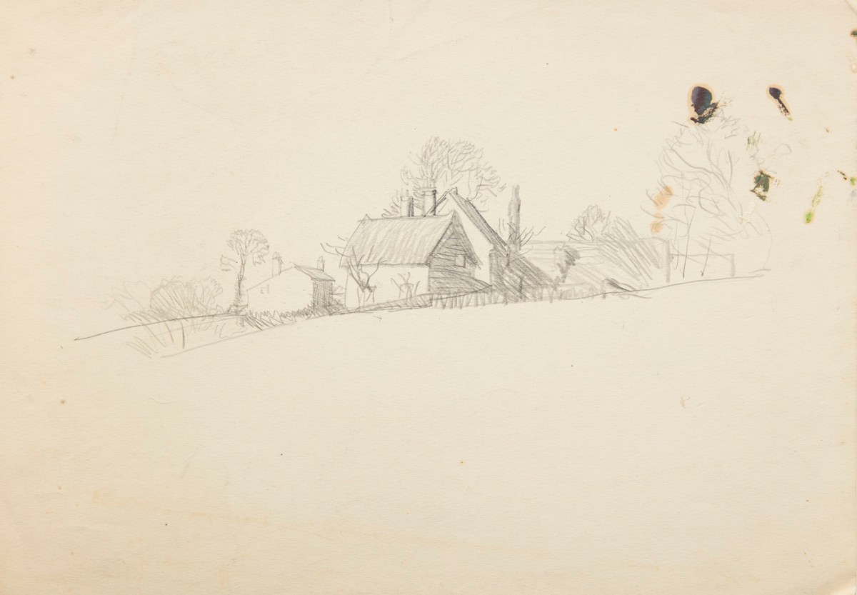 Sir George Clausen RA, Vignette of cottages and trees