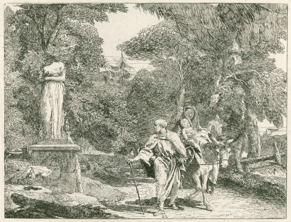 Giandomenico Tiepolo, The Flight into Egypt: The Holy Family passing by a statue