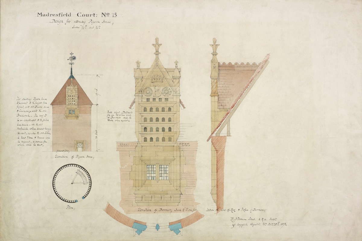 Richard Norman Shaw RA, Design for an addition to pigeon house, Madresfield Court, Home Farm, Worcestershire: plan and elevation; and plan, elevation and section of dormer