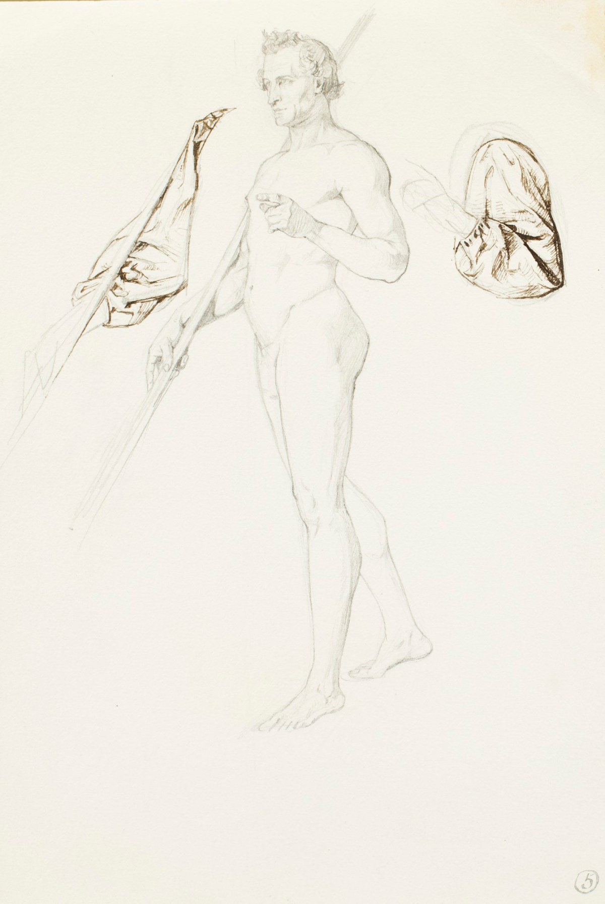 Henry Hugh Armstead RA, Nude study of a standing male, for the 'History of the Shirleys' relief