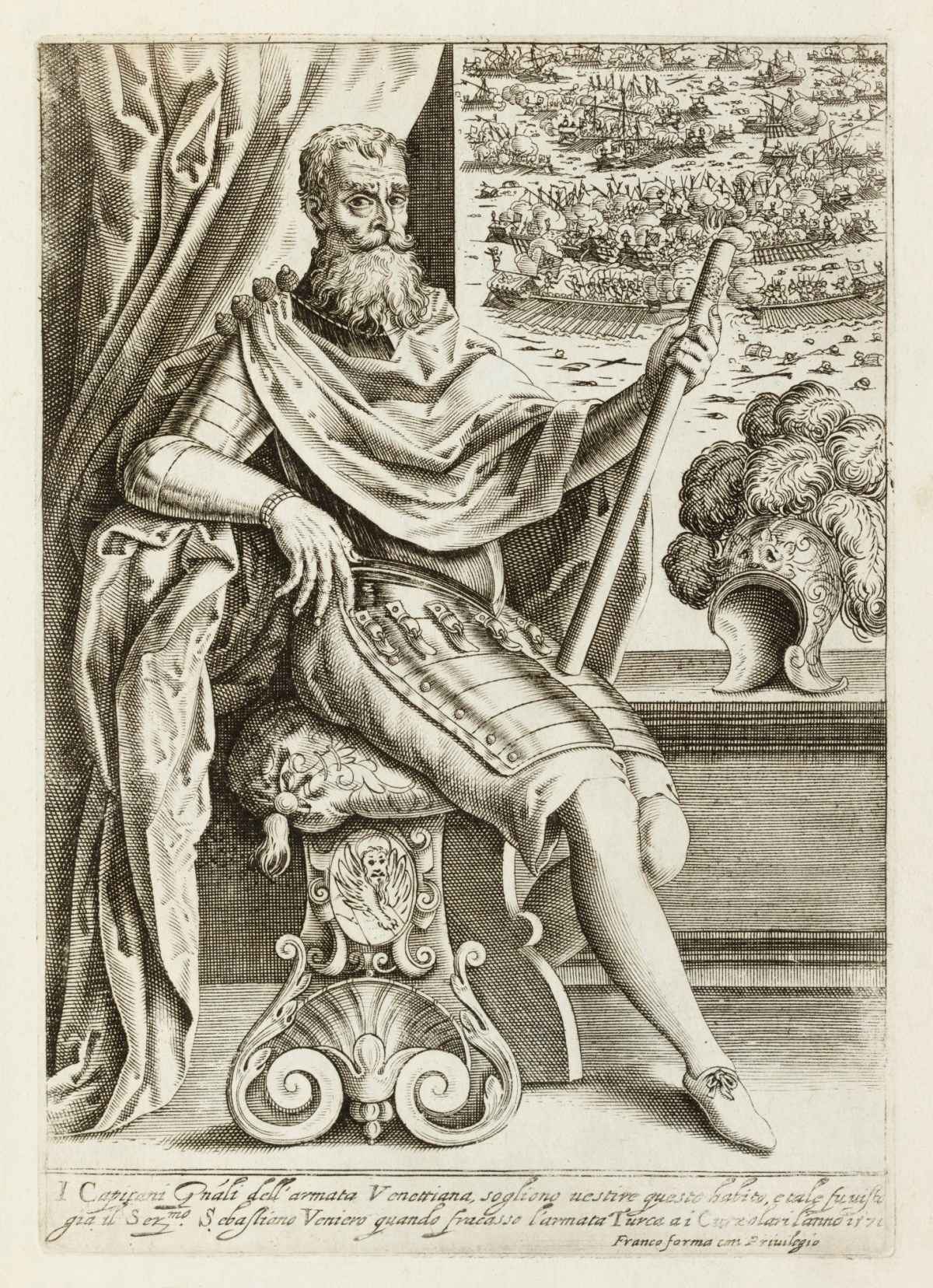 Unsigned, A captain of the Venetian army (Sebastiano Venier) seated in parade armour, with a view of Lepanto through the window behind him.