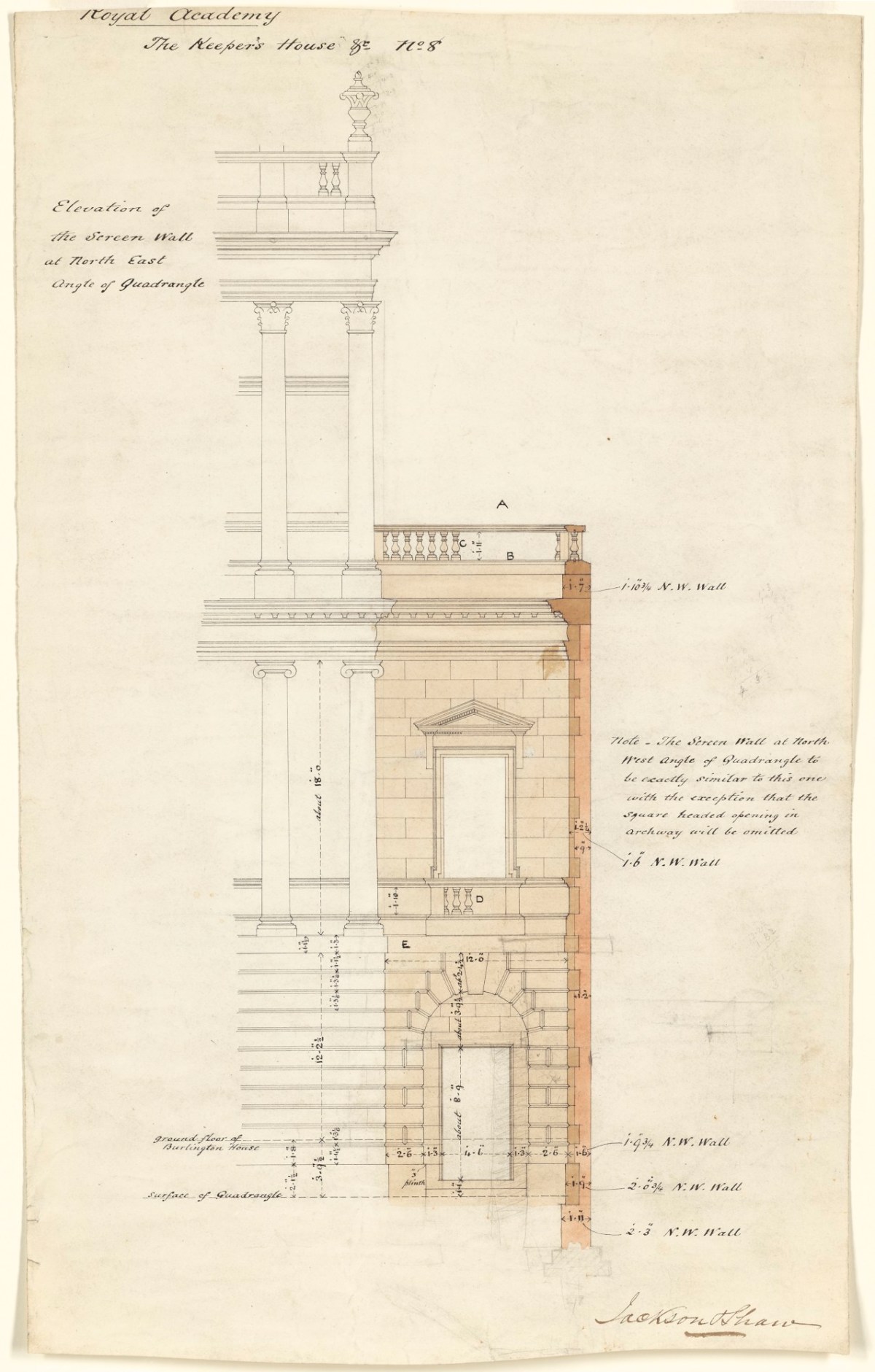 Sydney Smirke RA, Design for Keeper's House, Royal Academy of Arts, Burlington House, Piccadilly, Westminster, London: Elevation of screen wall with entrance, front south facade, east end