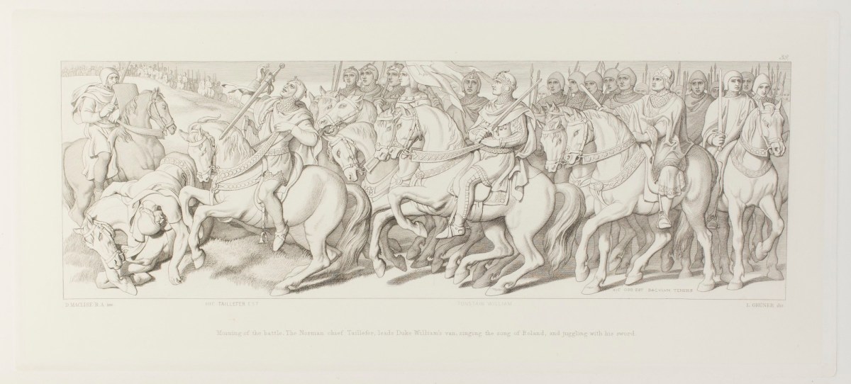 Daniel Maclise RA, Morning of the battle. The Norman chief Taillefer, leads Duke William's van, singing the song of Roland, and juggling with his sword