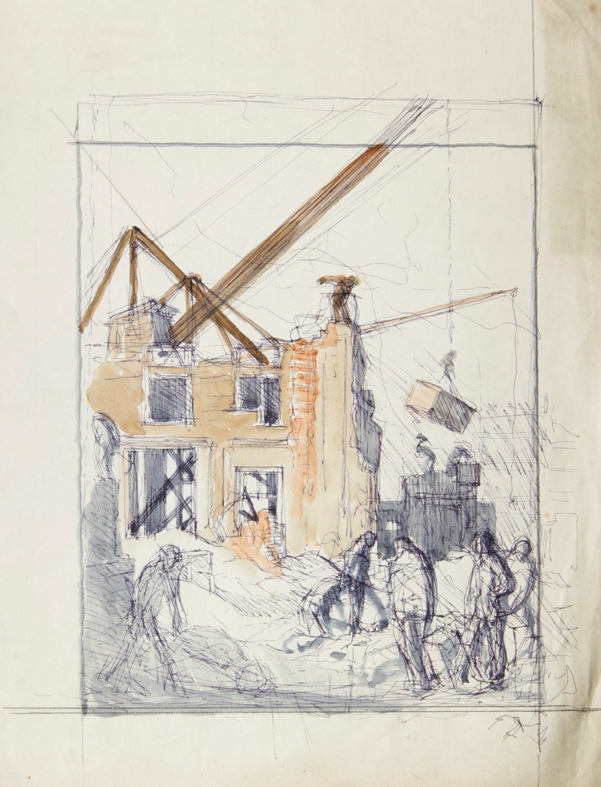 Sir George Clausen RA, Study of men working on a building using cranes