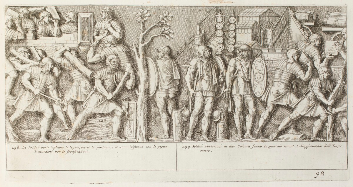 Pietro Santi Bartoli, Plate 98: Roman soldiers cutting trees and transporting trunks while Pretorian soldiers guarding the buildings