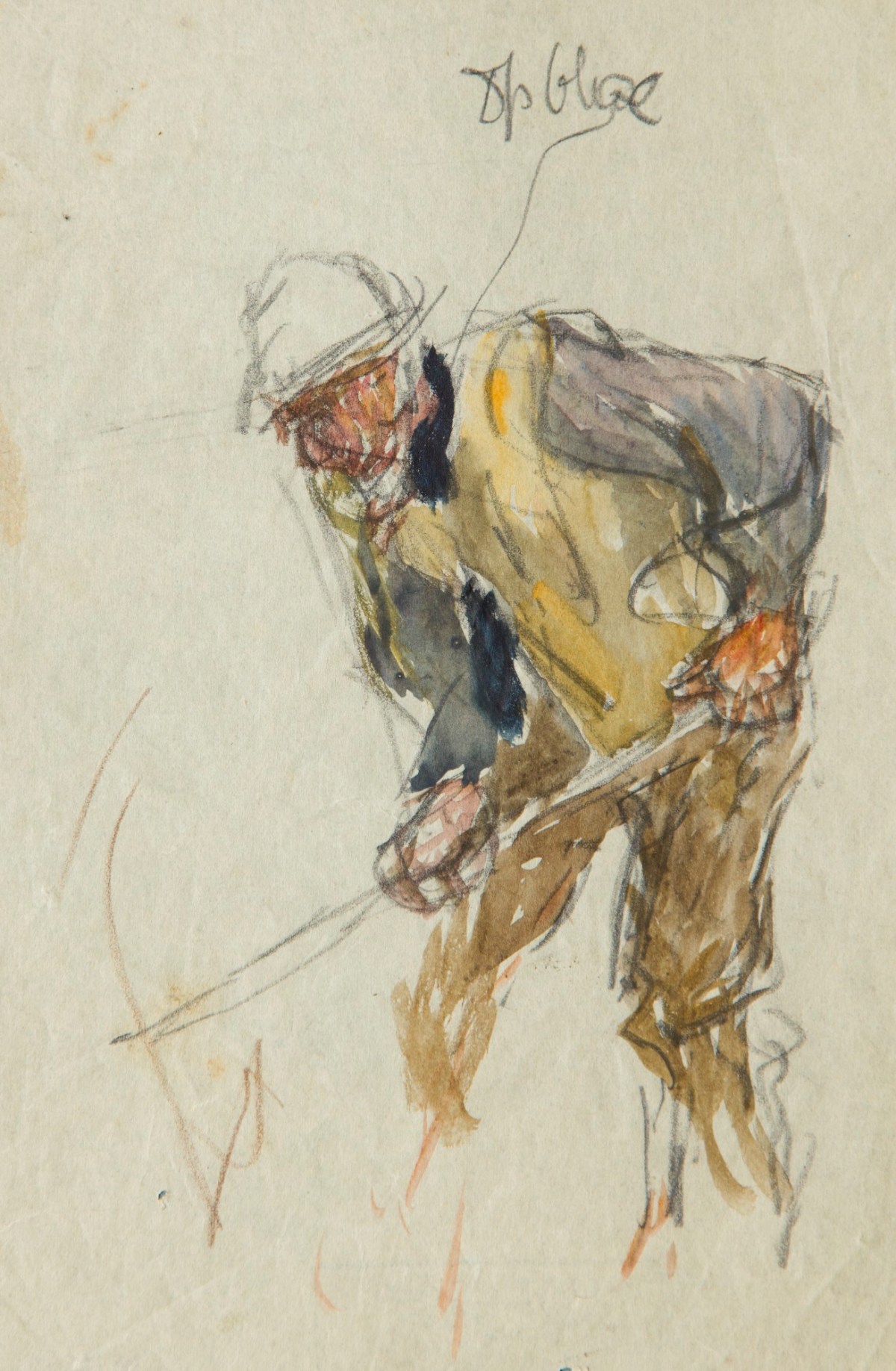 Sir George Clausen RA, Study of a hoeing figure with beard and yellow waistcoat