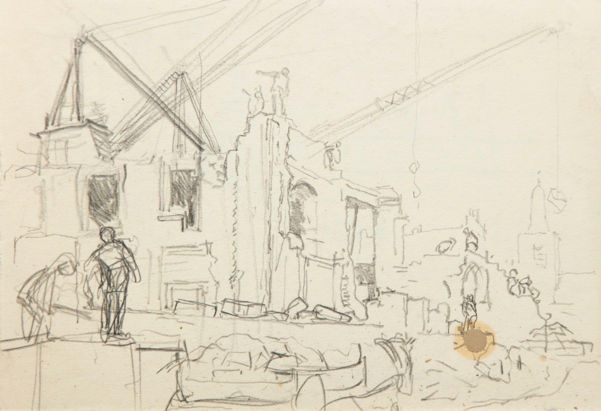 Sir George Clausen RA, Study of a building with cranes and figures