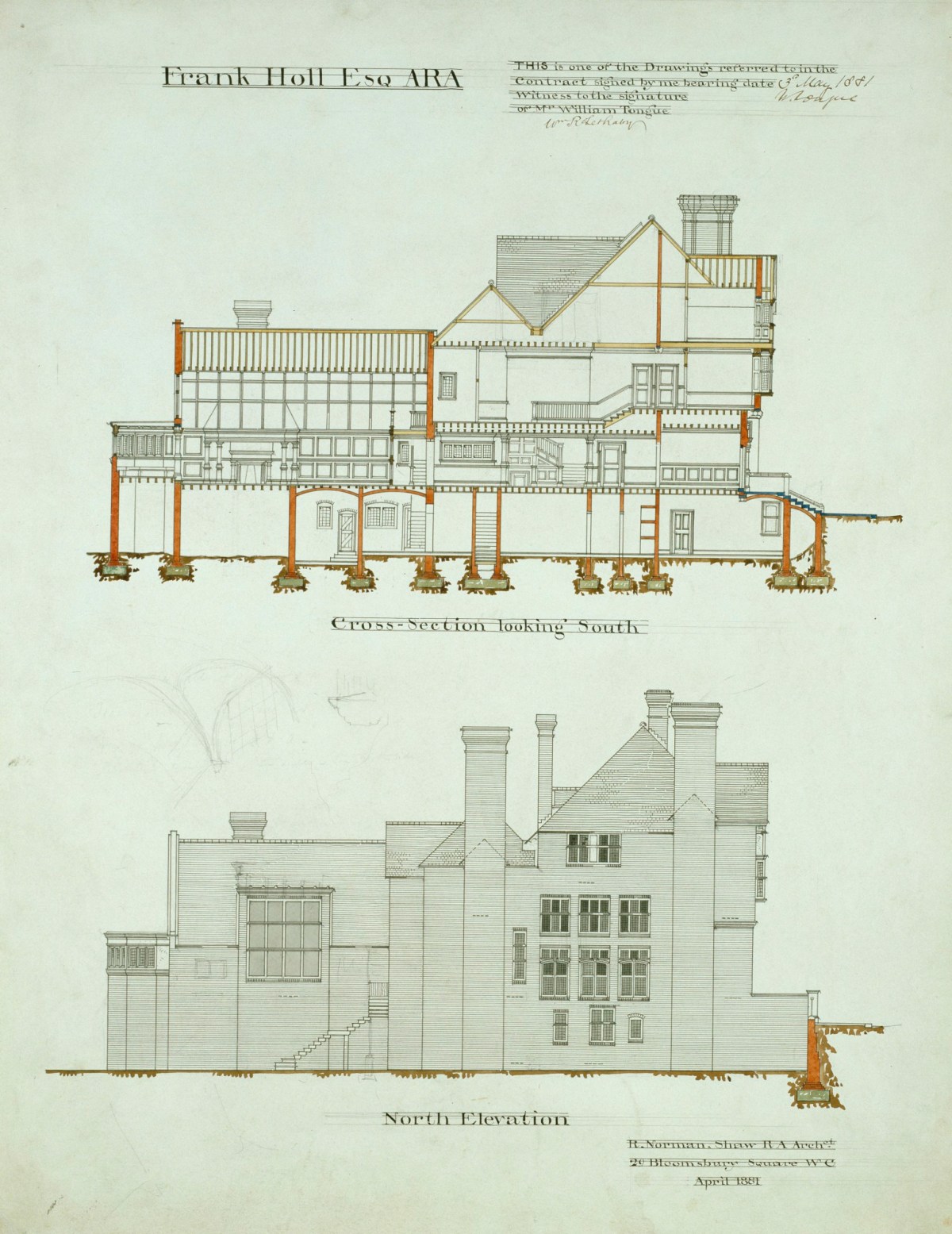 Richard Norman Shaw RA, Contract drawing for The Three Gables, 6 Fitzjohn's Avenue, Hampstead, London NW3: north elevation and cross-section looking south