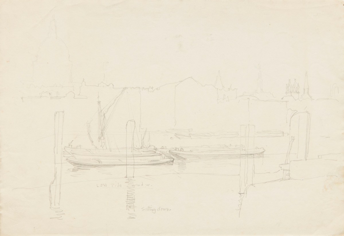 Sir George Clausen RA, View of boats on the River Thames near St. Paul's Cathedral