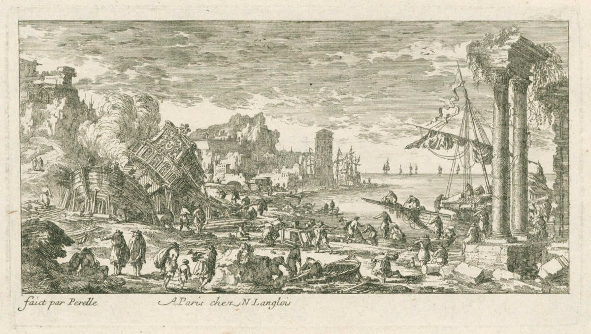 Adam Pérelle, Coastal landscape with ship's hulk and classical ruins