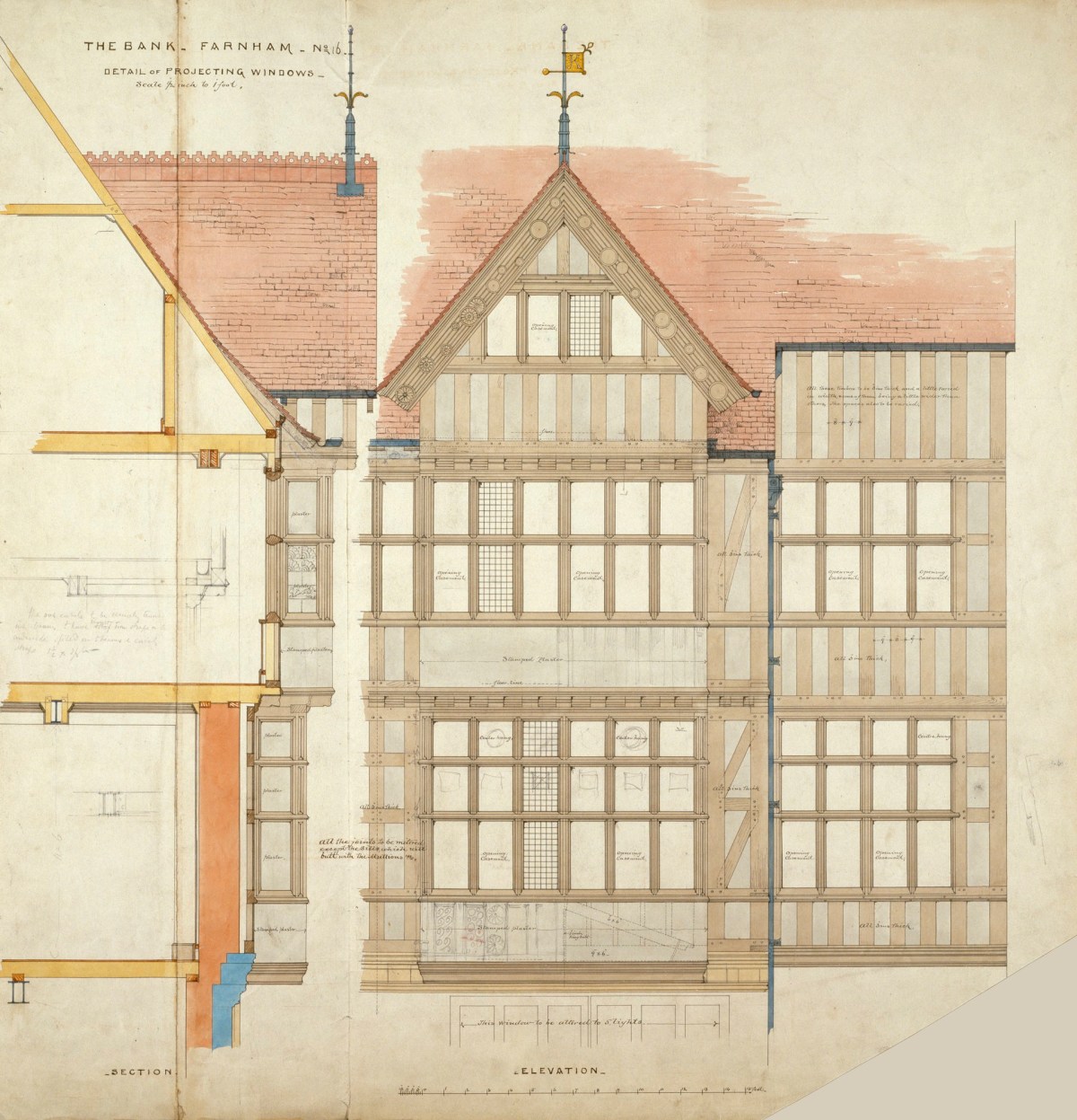 Richard Norman Shaw RA, Design for Farnham Bank, Castle Street, Farnham, Surrey: details of projecting gables