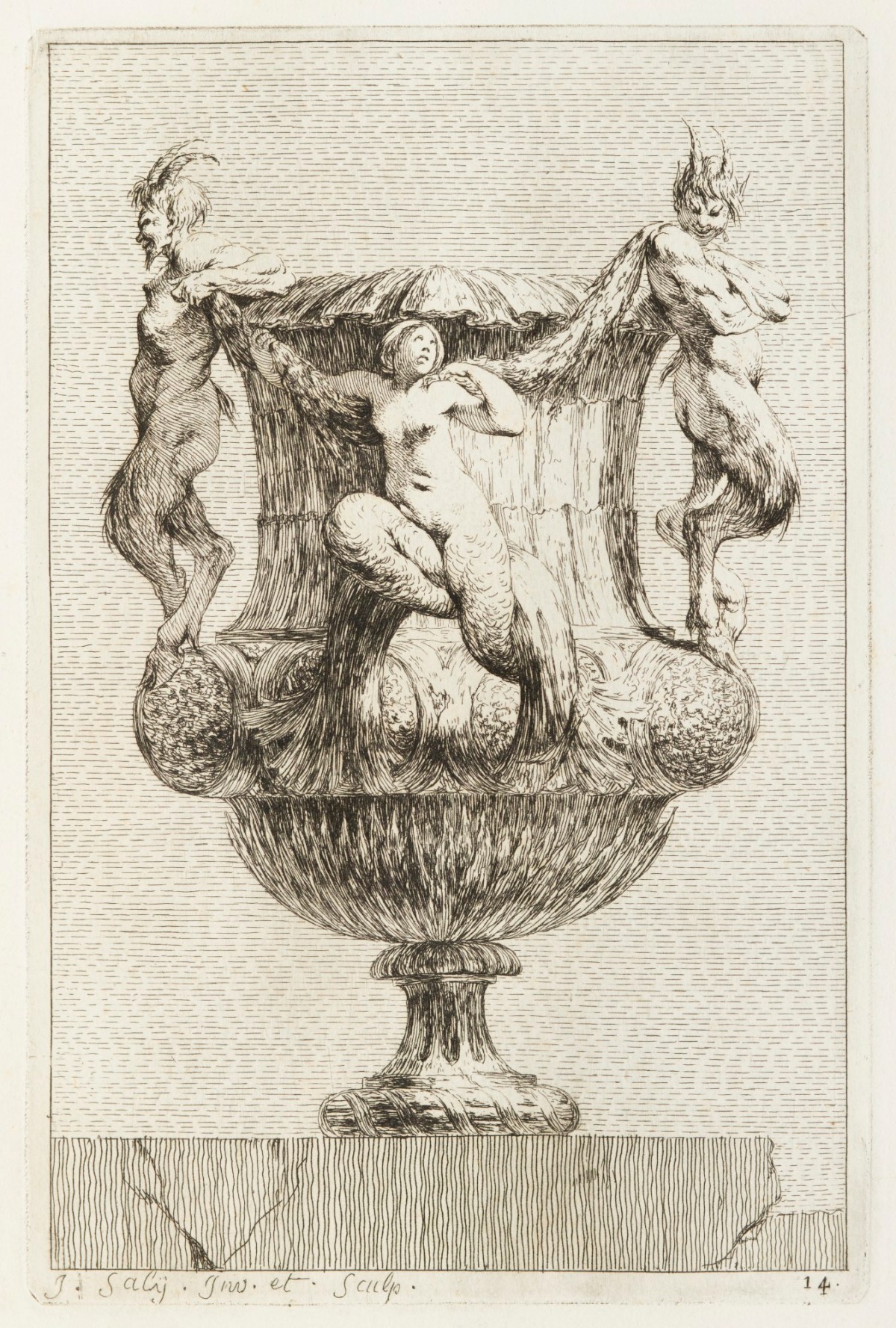Jacques-François-Joseph Saly, Vase decorated with two standing satyrs leaning on the mouth, and tritoness sitting on the handle.