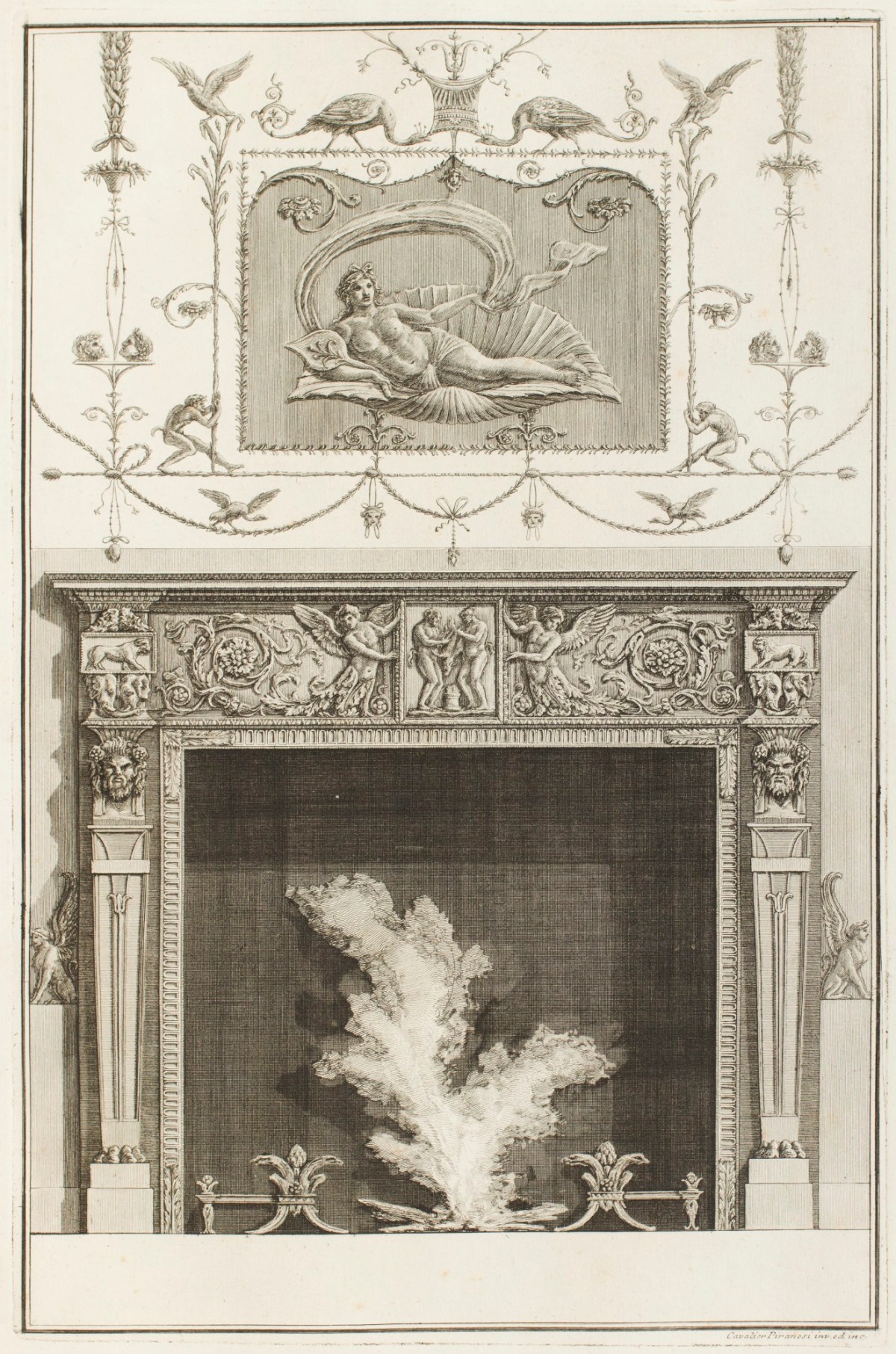Giovanni Battista Piranesi, Design for a chimney piece with moulding depicting a Venus figure reclining in shell and bird and foliage decoration