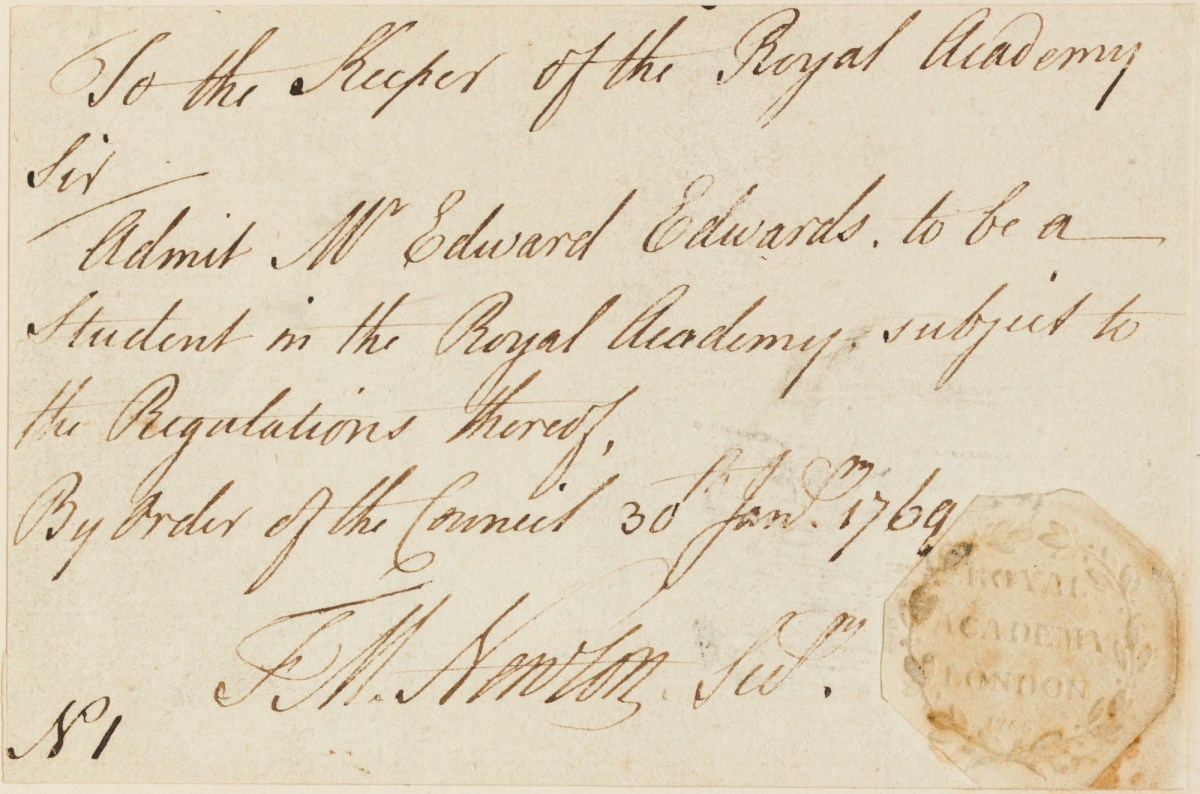 , Admission ticket for Edward Edwards to the Royal Academy Schools