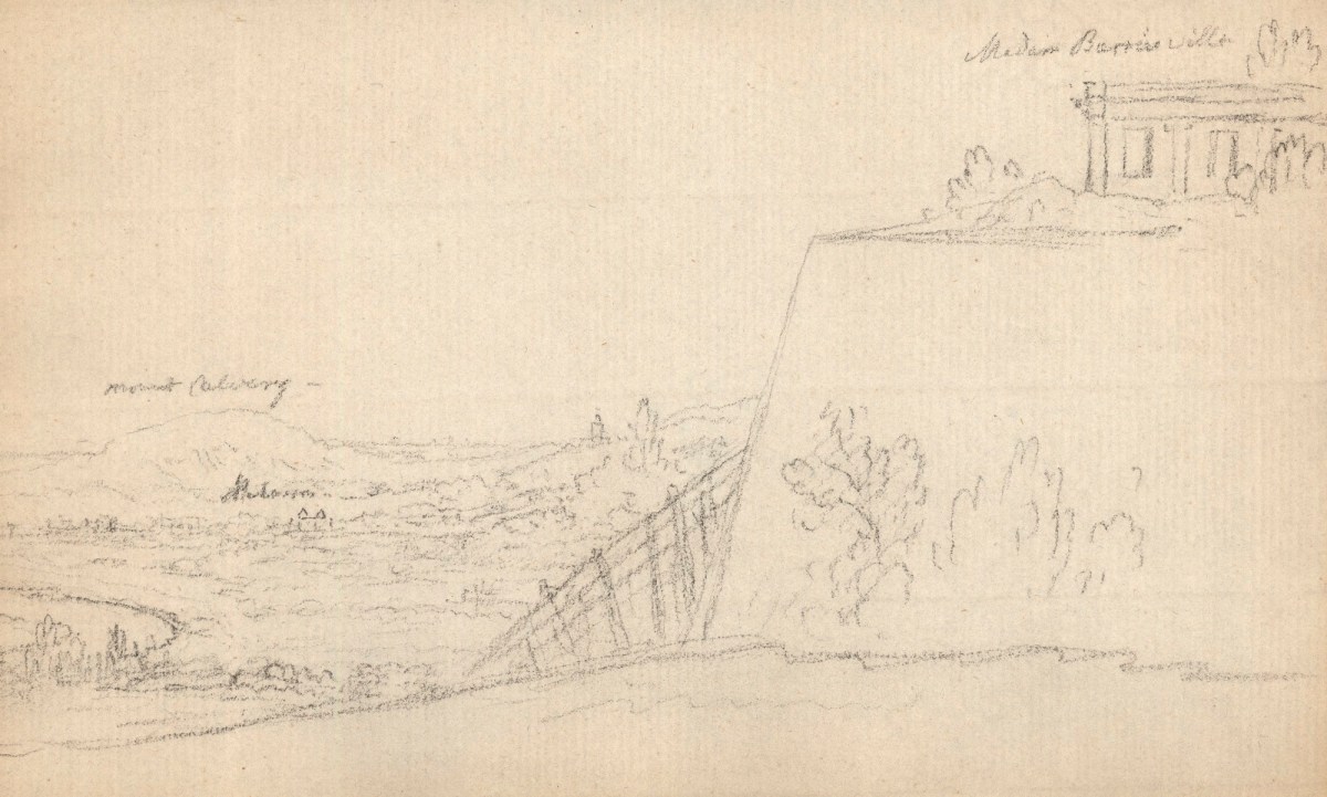 Benjamin West PRA, Leaf from a sketchbook with a landscape view from Madame du Barry's villa