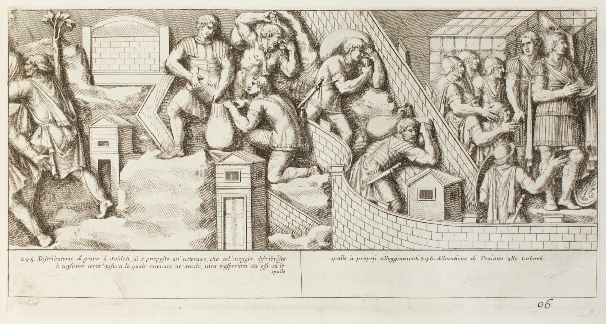 Pietro Santi Bartoli, Plate 96: Roman soldier distributing wheat to other soldiers