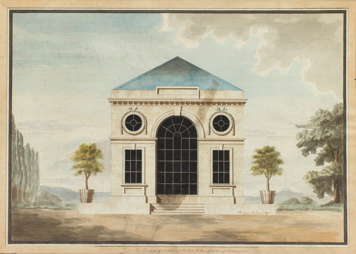 John Yenn RA, Design for greenhouse, Blenheim Palace, Oxfordshire: end elevation
