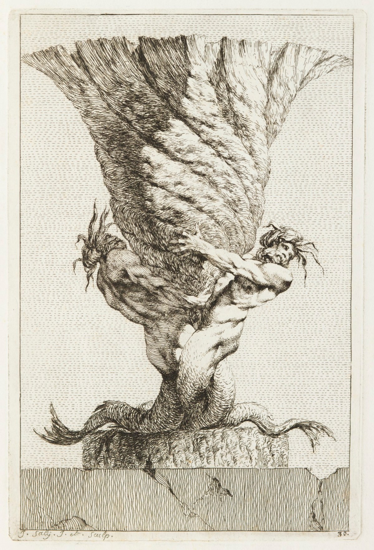 Jacques-François-Joseph Saly, Vase decorated with two triton figures with interlinking tails.