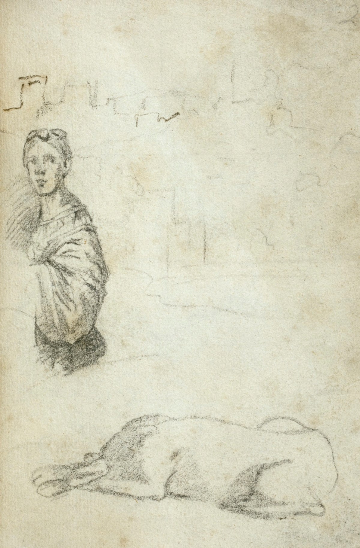 Benjamin West PRA, Leaf from a sketchbook with drawings of figures and a townscape