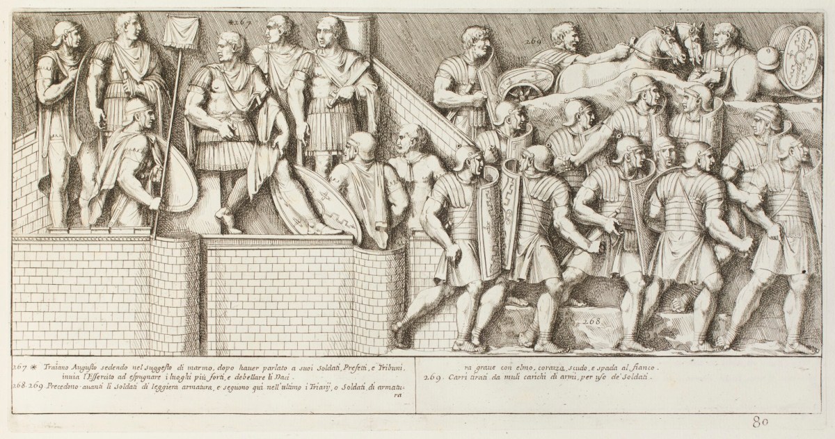 Pietro Santi Bartoli, Plate 80: Emperor Trajan sending his soldiers to battler