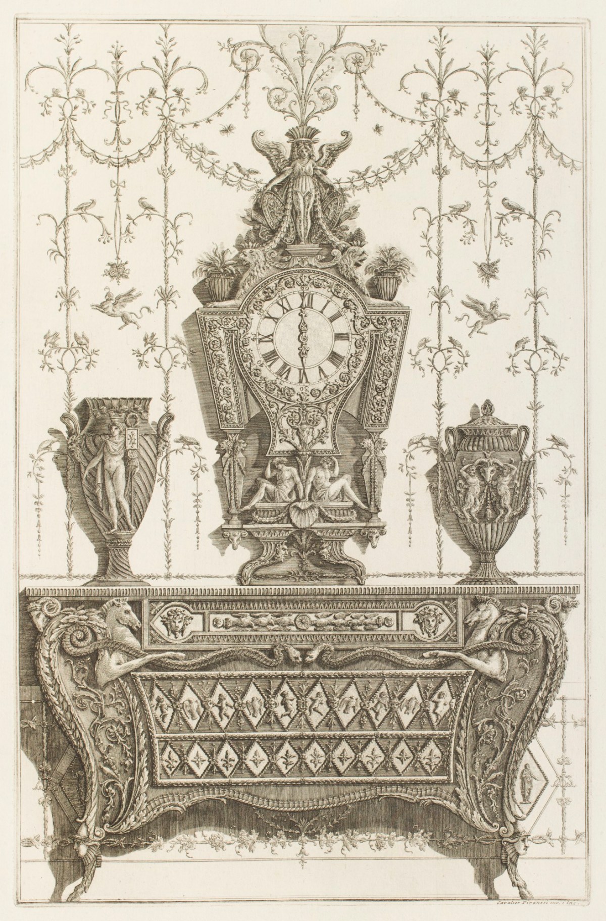 Giovanni Battista Piranesi, Design for bureau with clock, vases and foliate ornamentation