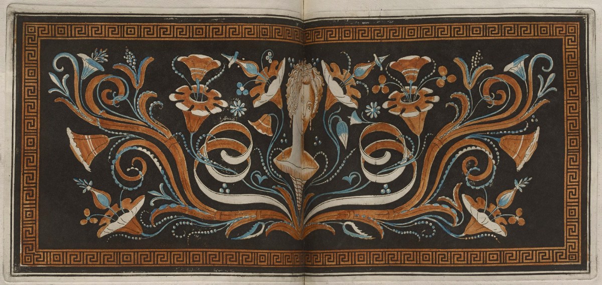 Sir William Hamilton, The Hamilton Vase: Colour plate of woman's head among plant motifs, from apulian volute krater